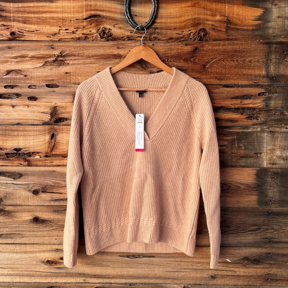 TALBOTS | NWT 100% Cashmere V-Neck Ribbed Knit Sweater in Beige M